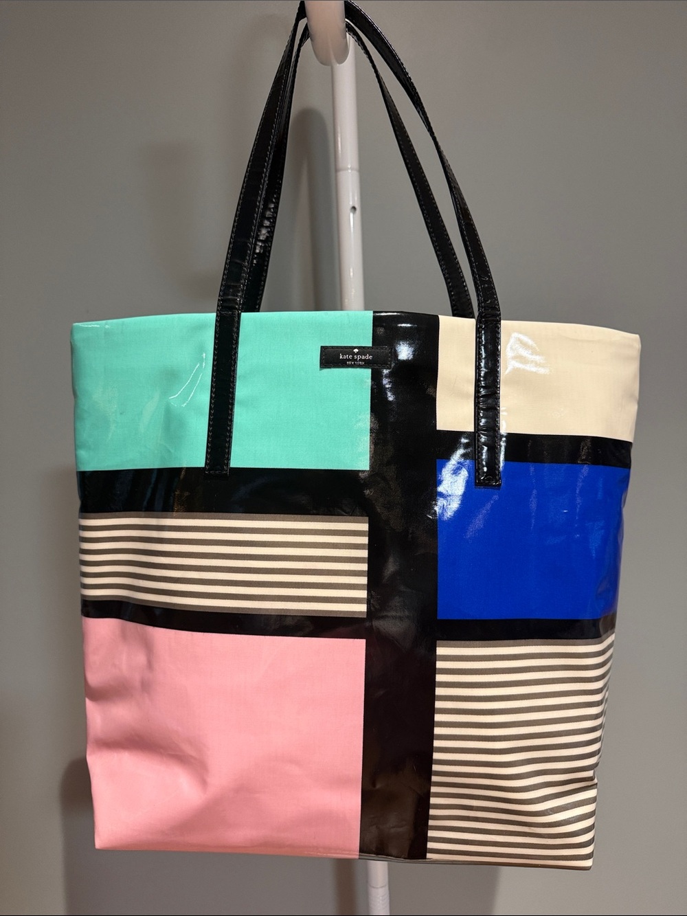 Kate Spade Daycation Colorblock Patent Canvas Tote in Pink, Mint, Blue & Cream